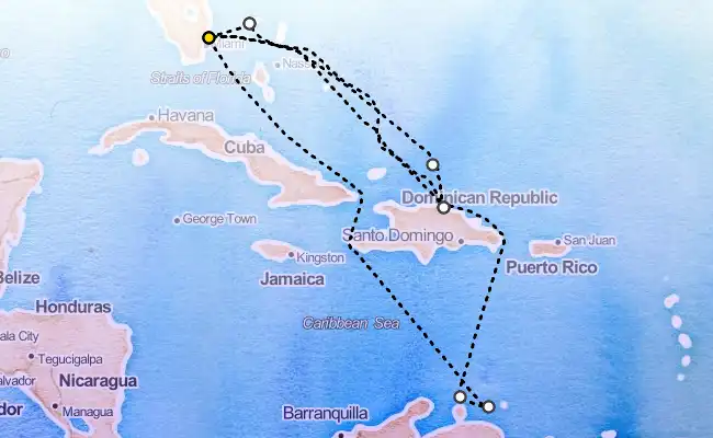 14 Night Round Trip Caribbean Cruise from Ft. Lauderdale route map