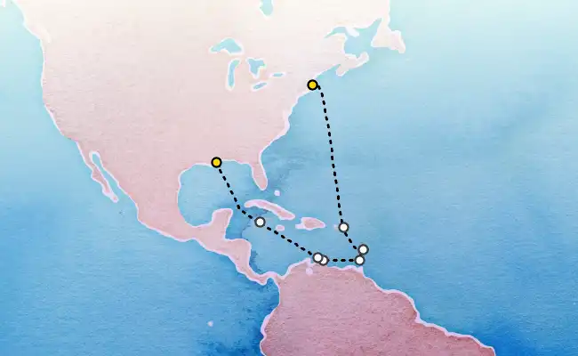 14 Night Southern Caribbean to Boston Cruise route map