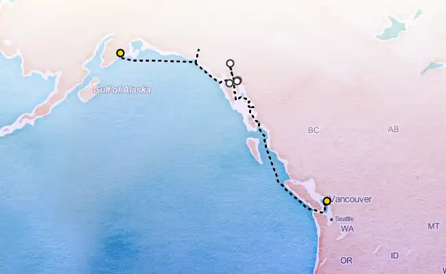 7 Night Southbound Alaska & Hubbard Glacier Cruise route map