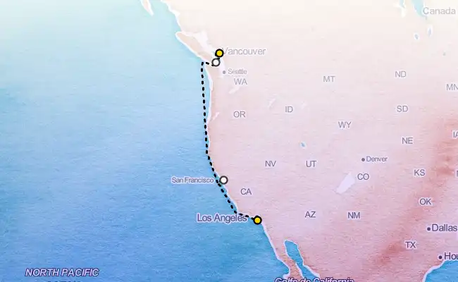 6 Night Coastal Vancouver to Los Angeles Cruise route map